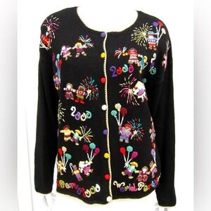 Vintage Cardigan Heirloom Collectibles World Party 2000 Kidcore Novelty Granny L